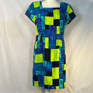 Jessica Howard Dress Vintage Blue/Green Window Pane Square Neck Short Sleeve 12👍